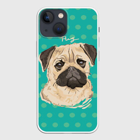 Чехол для iPhone 13 mini с принтом Мопсик в Петрозаводске,  |  | dog | pug | арт | животное | кружочки | мопс | пес | собака | текстура