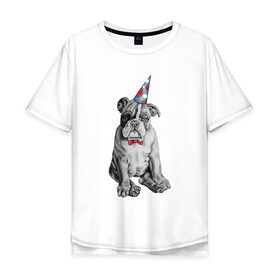 Мужская футболка хлопок Oversize с принтом праздничный бульдог в Петрозаводске, 100% хлопок | свободный крой, круглый ворот, “спинка” длиннее передней части | Тематика изображения на принте: dog | happy | бабочка | бульдог | день рождение | дог | собака