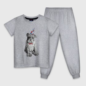 Детская пижама хлопок с принтом праздничный бульдог в Петрозаводске, 100% хлопок |  брюки и футболка прямого кроя, без карманов, на брюках мягкая резинка на поясе и по низу штанин
 | Тематика изображения на принте: dog | happy | бабочка | бульдог | день рождение | дог | собака