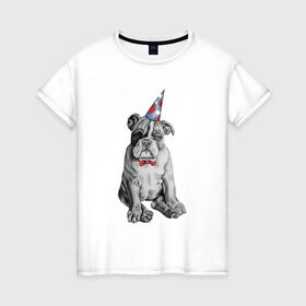 Женская футболка хлопок с принтом праздничный бульдог в Петрозаводске, 100% хлопок | прямой крой, круглый вырез горловины, длина до линии бедер, слегка спущенное плечо | dog | happy | бабочка | бульдог | день рождение | дог | собака