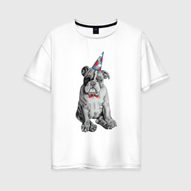Женская футболка хлопок Oversize с принтом праздничный бульдог в Петрозаводске, 100% хлопок | свободный крой, круглый ворот, спущенный рукав, длина до линии бедер
 | Тематика изображения на принте: dog | happy | бабочка | бульдог | день рождение | дог | собака