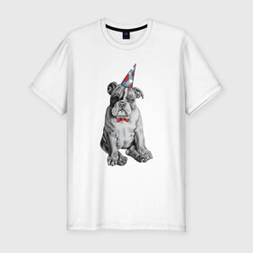 Мужская футболка премиум с принтом праздничный бульдог в Петрозаводске, 92% хлопок, 8% лайкра | приталенный силуэт, круглый вырез ворота, длина до линии бедра, короткий рукав | Тематика изображения на принте: dog | happy | бабочка | бульдог | день рождение | дог | собака