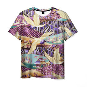Мужская футболка 3D с принтом Японские журавли в Петрозаводске, 100% полиэфир | прямой крой, круглый вырез горловины, длина до линии бедер | журавли | птица | япония