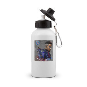 Бутылка спортивная с принтом Неймар в ПСЖ в Петрозаводске, металл | емкость — 500 мл, в комплекте две пластиковые крышки и карабин для крепления | Тематика изображения на принте: neymar jr | неймар младший | пари сен жермен | париж | футбол