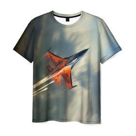 Мужская футболка 3D с принтом Красный F16 в Петрозаводске, 100% полиэфир | прямой крой, круглый вырез горловины, длина до линии бедер | самолет