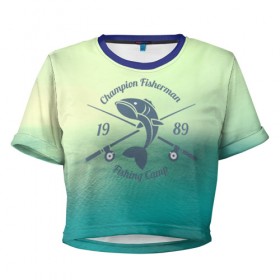 Женская футболка 3D укороченная с принтом Champion Fisherman в Петрозаводске, 100% полиэстер | круглая горловина, длина футболки до линии талии, рукава с отворотами | baitbest | bottom | driftwood | fisherman | fishing | fishwaterhook | pike | river | вода | дно | коряга | крючок | лучший рыбак | наживка | река | рыба | рыбалка | щука