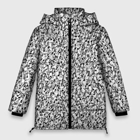 Женская зимняя куртка 3D с принтом Музыкальные ноты в Петрозаводске, верх — 100% полиэстер; подкладка — 100% полиэстер; утеплитель — 100% полиэстер | длина ниже бедра, силуэт Оверсайз. Есть воротник-стойка, отстегивающийся капюшон и ветрозащитная планка. 

Боковые карманы с листочкой на кнопках и внутренний карман на молнии | знаки | мелодия | музыка | нота | паттерн | символы | скрипичный ключ | текстура | черно белый
