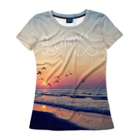 Женская футболка 3D с принтом Summer в Петрозаводске, 100% полиэфир ( синтетическое хлопкоподобное полотно) | прямой крой, круглый вырез горловины, длина до линии бедер | summer | закат | лето | пляж