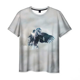 Мужская футболка 3D с принтом Орлиная атака в Петрозаводске, 100% полиэфир | прямой крой, круглый вырез горловины, длина до линии бедер | клюв | коршун | крылья | небо | облака | опасность | орел | охота | полет. перья | птица | хищник