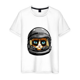 Мужская футболка хлопок с принтом Кот космонавт в Петрозаводске, 100% хлопок | прямой крой, круглый вырез горловины, длина до линии бедер, слегка спущенное плечо. | 