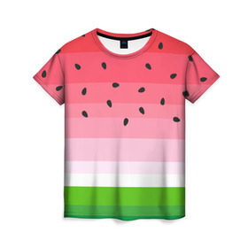 Женская футболка 3D с принтом Арбузик в Петрозаводске, 100% полиэфир ( синтетическое хлопкоподобное полотно) | прямой крой, круглый вырез горловины, длина до линии бедер | pattern | trend | арбуз | зеленый | косточки | красный | мода | патерн | паттерн | розовый | текстура | тренд | фрукт | ягода