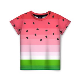 Детская футболка 3D с принтом Арбузик в Петрозаводске, 100% гипоаллергенный полиэфир | прямой крой, круглый вырез горловины, длина до линии бедер, чуть спущенное плечо, ткань немного тянется | pattern | trend | арбуз | зеленый | косточки | красный | мода | патерн | паттерн | розовый | текстура | тренд | фрукт | ягода