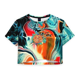 Женская футболка 3D укороченная с принтом Лиса художник в Петрозаводске, 100% полиэстер | круглая горловина, длина футболки до линии талии, рукава с отворотами | 3d | abstract | abstraction | fox | spray | абстракция | животные | кисти | краски | лиса | лисица | текстуры | художник