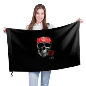 Флаг 3D с принтом Череп с розой в Петрозаводске, 100% полиэстер | плотность ткани — 95 г/м2, размер — 67 х 109 см. Принт наносится с одной стороны | пираты | повязка | роза | романтика | скелет | череп