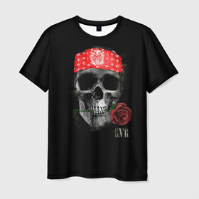 Мужская футболка 3D с принтом Череп с розой в Петрозаводске, 100% полиэфир | прямой крой, круглый вырез горловины, длина до линии бедер | пираты | повязка | роза | романтика | скелет | череп