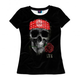 Женская футболка 3D с принтом Череп с розой в Петрозаводске, 100% полиэфир ( синтетическое хлопкоподобное полотно) | прямой крой, круглый вырез горловины, длина до линии бедер | пираты | повязка | роза | романтика | скелет | череп
