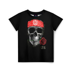 Детская футболка 3D с принтом Череп с розой в Петрозаводске, 100% гипоаллергенный полиэфир | прямой крой, круглый вырез горловины, длина до линии бедер, чуть спущенное плечо, ткань немного тянется | пираты | повязка | роза | романтика | скелет | череп