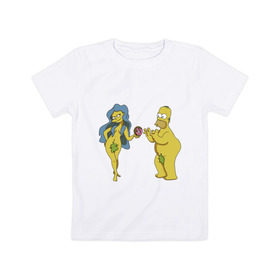 Детская футболка хлопок с принтом Симпсоны в Петрозаводске, 100% хлопок | круглый вырез горловины, полуприлегающий силуэт, длина до линии бедер | bart | homer | love | simpsons | адам | барт | гомер | ева | любовь | мульт | мультфильм | пончик | симпсоны