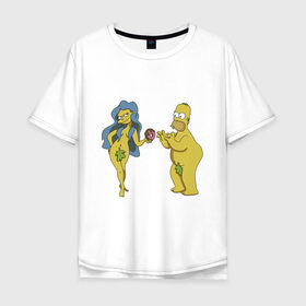 Мужская футболка хлопок Oversize с принтом Симпсоны в Петрозаводске, 100% хлопок | свободный крой, круглый ворот, “спинка” длиннее передней части | bart | homer | love | simpsons | адам | барт | гомер | ева | любовь | мульт | мультфильм | пончик | симпсоны
