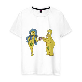 Мужская футболка хлопок с принтом Симпсоны в Петрозаводске, 100% хлопок | прямой крой, круглый вырез горловины, длина до линии бедер, слегка спущенное плечо. | bart | homer | love | simpsons | адам | барт | гомер | ева | любовь | мульт | мультфильм | пончик | симпсоны