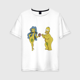 Женская футболка хлопок Oversize с принтом Симпсоны в Петрозаводске, 100% хлопок | свободный крой, круглый ворот, спущенный рукав, длина до линии бедер
 | bart | homer | love | simpsons | адам | барт | гомер | ева | любовь | мульт | мультфильм | пончик | симпсоны