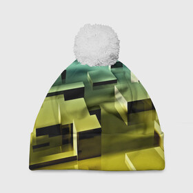 Шапка 3D c помпоном с принтом Плавающие кубы в Петрозаводске, 100% полиэстер | универсальный размер, печать по всей поверхности изделия | abstract | abstraction | block | tessera | абстракция | кубики | текстура