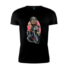 Мужская футболка премиум с принтом Кот мотоциклист в Петрозаводске, 92% хлопок, 8% лайкра | приталенный силуэт, круглый вырез ворота, длина до линии бедра, короткий рукав | moto | киса | кот | котэ | мото | мотоцикл | очки | шлем