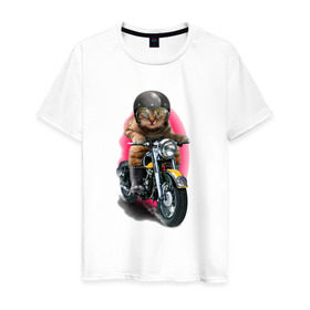 Мужская футболка хлопок с принтом Кот мотоциклист в Петрозаводске, 100% хлопок | прямой крой, круглый вырез горловины, длина до линии бедер, слегка спущенное плечо. | moto | киса | кот | котэ | мото | мотоцикл | очки | шлем