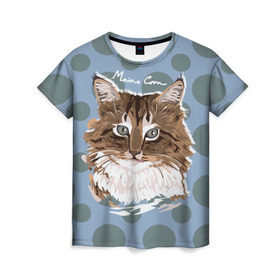 Женская футболка 3D с принтом Мейн-Кун в Петрозаводске, 100% полиэфир ( синтетическое хлопкоподобное полотно) | прямой крой, круглый вырез горловины, длина до линии бедер | cat | kitten | kitty | maine coon | pet | арт | животные | коты | кошки | кружочки | мейн кун | текстура