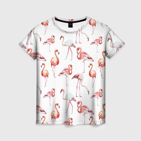 Женская футболка 3D с принтом Фламинго в Петрозаводске, 100% полиэфир ( синтетическое хлопкоподобное полотно) | прямой крой, круглый вырез горловины, длина до линии бедер | vppdgryphon | арт | краска | прикольные | птицы | фламинго | цветные