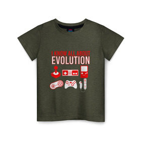 Детская футболка хлопок с принтом Я знаю всё об эволюции в Петрозаводске, 100% хлопок | круглый вырез горловины, полуприлегающий силуэт, длина до линии бедер | action | dendy | evolution | game | joystick | mario | nintendo | sega | денди | джойстик | игра | игры | картридж | компьютер | марио | нинтендо | приставка | сега | тетрис | эволюция
