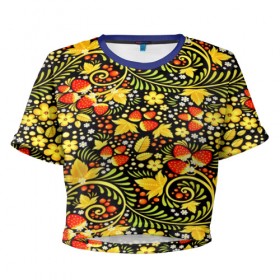 Женская футболка 3D укороченная с принтом Khokhloma pattern в Петрозаводске, 100% полиэстер | круглая горловина, длина футболки до линии талии, рукава с отворотами | 