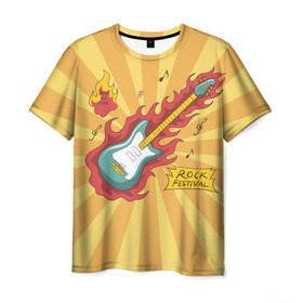 Мужская футболка 3D с принтом Rock Festival в Петрозаводске, 100% полиэфир | прямой крой, круглый вырез горловины, длина до линии бедер | festival | rock | гитара | металл | музыка | ноты | огонь | рок | солнце | треш | хард