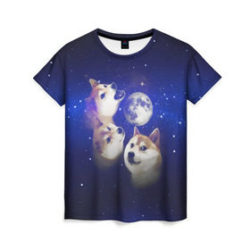 Женская футболка 3D с принтом Космопес Хатико в Петрозаводске, 100% полиэфир ( синтетическое хлопкоподобное полотно) | прямой крой, круглый вырез горловины, длина до линии бедер | акита ину | взгляд | голова | звезды | космос | лай | луна | мем | пасть | пес | собака | хатико