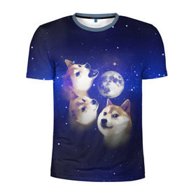Мужская футболка 3D спортивная с принтом Космопес Хатико в Петрозаводске, 100% полиэстер с улучшенными характеристиками | приталенный силуэт, круглая горловина, широкие плечи, сужается к линии бедра | акита ину | взгляд | голова | звезды | космос | лай | луна | мем | пасть | пес | собака | хатико