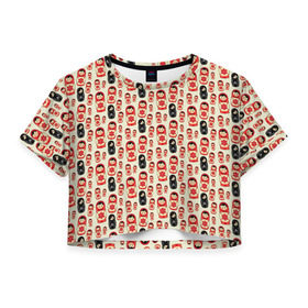 Женская футболка 3D укороченная с принтом Матрешки и эмо в Петрозаводске, 100% полиэстер | круглая горловина, длина футболки до линии талии, рукава с отворотами | матрешки | паттерн | россия