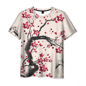Мужская футболка 3D с принтом Сакура в Петрозаводске, 100% полиэфир | прямой крой, круглый вырез горловины, длина до линии бедер | вишня | дерево | зима | красный | новинки | птицы | черный | япония