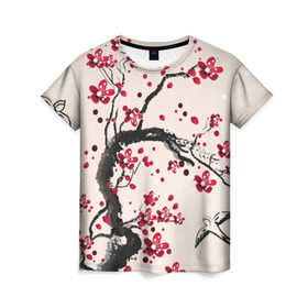 Женская футболка 3D с принтом Сакура в Петрозаводске, 100% полиэфир ( синтетическое хлопкоподобное полотно) | прямой крой, круглый вырез горловины, длина до линии бедер | вишня | дерево | зима | красный | новинки | птицы | черный | япония