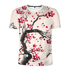 Мужская футболка 3D спортивная с принтом Сакура в Петрозаводске, 100% полиэстер с улучшенными характеристиками | приталенный силуэт, круглая горловина, широкие плечи, сужается к линии бедра | вишня | дерево | зима | красный | новинки | птицы | черный | япония