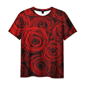 Мужская футболка 3D с принтом Красные розы в Петрозаводске, 100% полиэфир | прямой крой, круглый вырез горловины, длина до линии бедер | букет | красный | розы | цветы