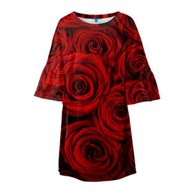 Детское платье 3D с принтом Красные розы в Петрозаводске, 100% полиэстер | прямой силуэт, чуть расширенный к низу. Круглая горловина, на рукавах — воланы | Тематика изображения на принте: букет | красный | розы | цветы