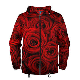 Мужская ветровка 3D с принтом Красные розы в Петрозаводске, 100% полиэстер | подол и капюшон оформлены резинкой с фиксаторами, два кармана без застежек по бокам, один потайной карман на груди | букет | красный | розы | цветы