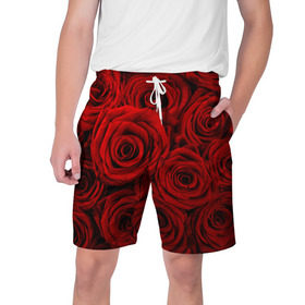 Мужские шорты 3D с принтом Красные розы в Петрозаводске,  полиэстер 100% | прямой крой, два кармана без застежек по бокам. Мягкая трикотажная резинка на поясе, внутри которой широкие завязки. Длина чуть выше колен | букет | красный | розы | цветы