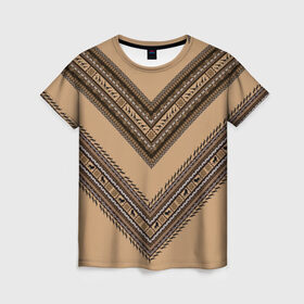 Женская футболка 3D с принтом Tribal V-shape в Петрозаводске, 100% полиэфир ( синтетическое хлопкоподобное полотно) | прямой крой, круглый вырез горловины, длина до линии бедер | african | ethnic | tribal | африка | африканский | бежевый | трайбал | узор | черный | этно