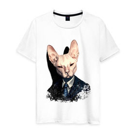 Мужская футболка хлопок с принтом Сфинкс в Петрозаводске, 100% хлопок | прямой крой, круглый вырез горловины, длина до линии бедер, слегка спущенное плечо. | Тематика изображения на принте: кот | лысый кот