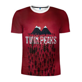 Мужская футболка 3D спортивная с принтом Лес Twin Peaks в Петрозаводске, 100% полиэстер с улучшенными характеристиками | приталенный силуэт, круглая горловина, широкие плечи, сужается к линии бедра | горы | надпись | ретро | твин пикс