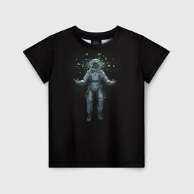 Детская футболка 3D с принтом Космонавт с Бабочками в Петрозаводске, 100% гипоаллергенный полиэфир | прямой крой, круглый вырез горловины, длина до линии бедер, чуть спущенное плечо, ткань немного тянется | астронавт | время первых | вселенная | гагарин | галактика | гравитация | звезды | интерстеллар | космический | луна | магия | млечный путь | невесомость | полет | скафандр | черная дыра