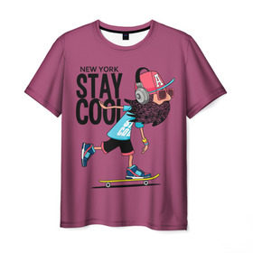 Мужская футболка 3D с принтом Stay cool в Петрозаводске, 100% полиэфир | прямой крой, круглый вырез горловины, длина до линии бедер | baseball cap | beard | city | cool | extreme | headphones | hipster | movement | new york | skateboard | speed | sport | stay cool | крутой | скейтборд | хипстер