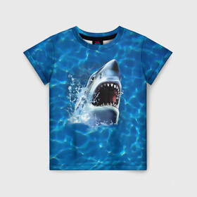 Детская футболка 3D с принтом Пасть акулы в Петрозаводске, 100% гипоаллергенный полиэфир | прямой крой, круглый вырез горловины, длина до линии бедер, чуть спущенное плечо, ткань немного тянется | Тематика изображения на принте: акула | атака | белая | брызги | вода | волны | зубы | капли | море | океан | опасность | синяя | челюсти | эффект