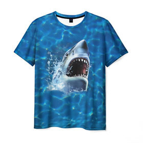 Мужская футболка 3D с принтом Пасть акулы в Петрозаводске, 100% полиэфир | прямой крой, круглый вырез горловины, длина до линии бедер | Тематика изображения на принте: акула | атака | белая | брызги | вода | волны | зубы | капли | море | океан | опасность | синяя | челюсти | эффект